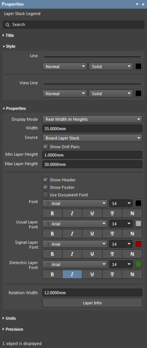 The Layer Stack Legend default settings in the Preferences dialog and the Layer Stack Legend mode of the Properties panel