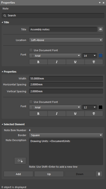 The Note object default settings in the Preferences dialog and the Note mode of the Properties panel