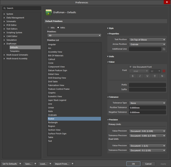 The Radial Dimension default settings in the Preferences dialog, and the Radial Dimension mode of the Properties panel.