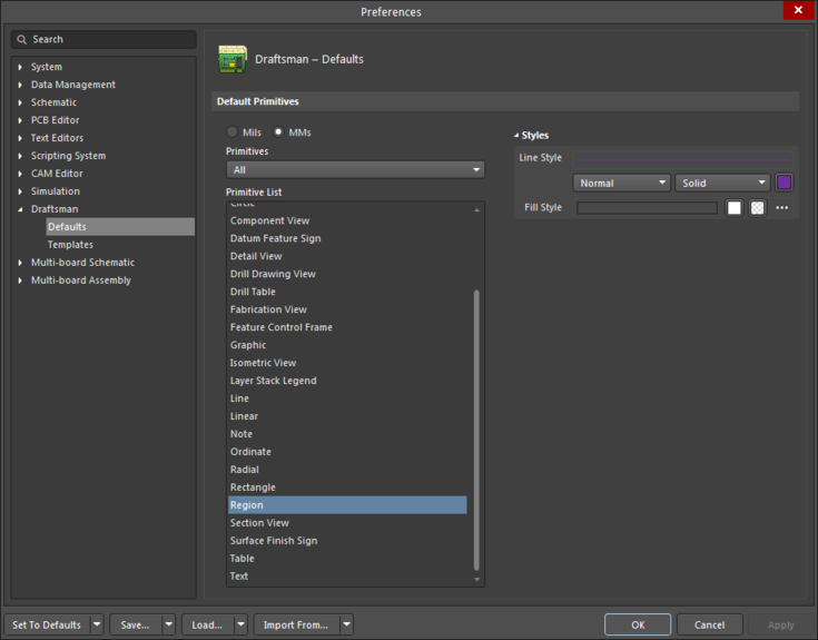 The Region object default settings in the Preferences dialog and the Region mode of the Properties panel