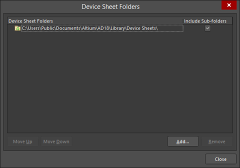 The Device Sheet Folders dialog