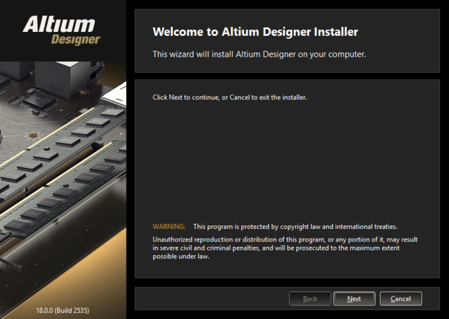 Altium Designerインストーラーの最初のwelcomeページ。