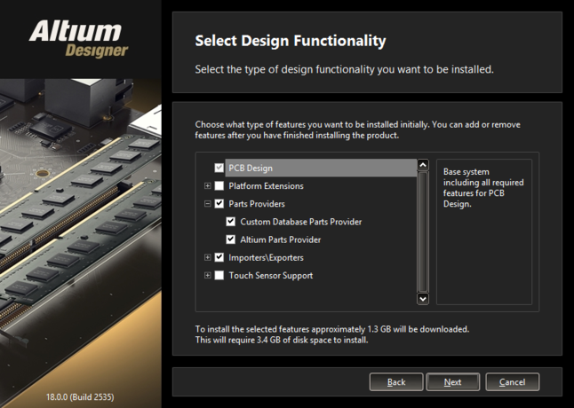 Altium Designerのインストールに最初に必要な機能はユーザーが選択できます。
