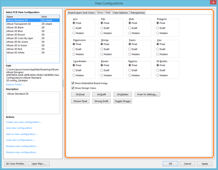The Show/Hide tab of the View Configurations dialog.