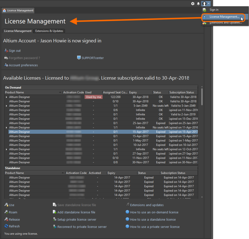 Accessing the License Management view.