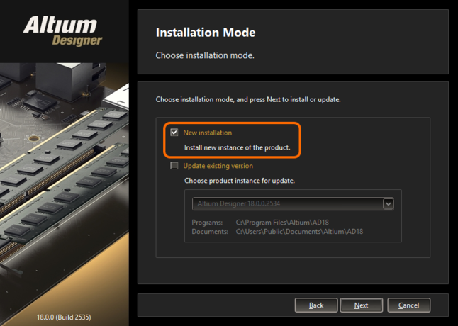 別のバージョンをインストールする場合は、インストールモードとして [New installation] オプションが選択されていることを確認してください。