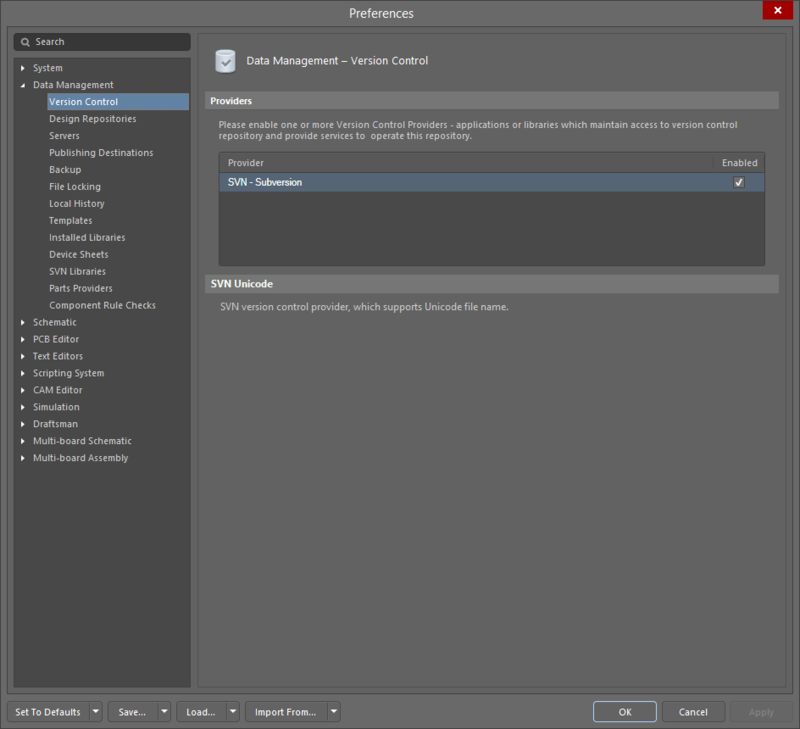 The Data Management - Version Control page of the Preferences dialog