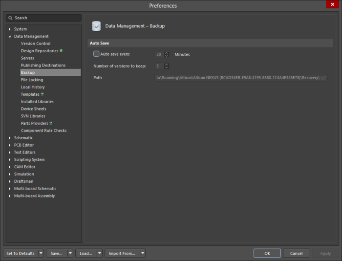 The Data Management - Backup page of the Preferences dialog