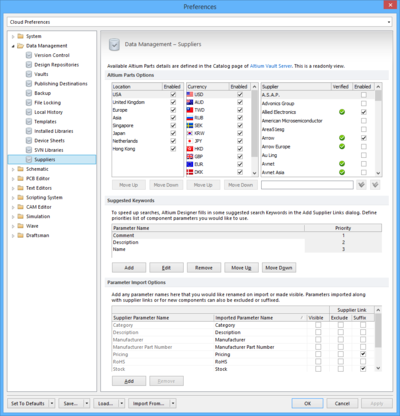 The Data Management – Suppliers page of the Preferences dialog (signed into the Vault (first image) and signed out of the Vault (second image)