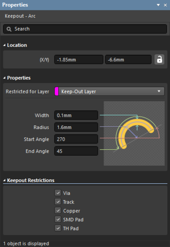 Properties for a layer-specific keepout arc shown on the left, and an all-layers keepout arc on the right.