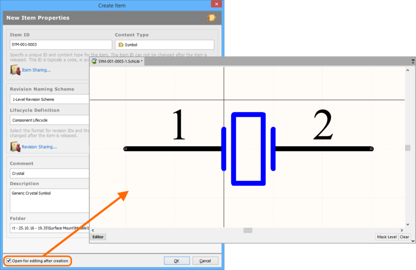 Example of editing the initial revision of a Symbol Item, directly from the vault - the temporary Schematic Library Editor provides the document with which to define your schematic

symbol.