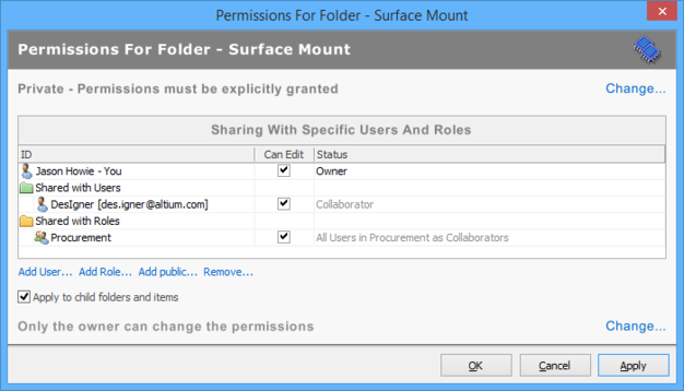 The appearance of the permissions list after the additions are finalized (saved), for the Vaults panel interface.