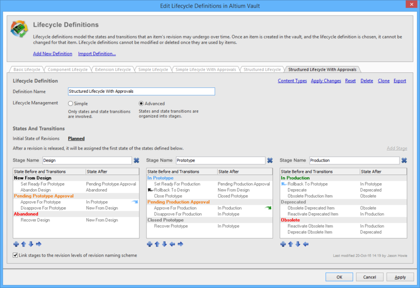 Lifecycle Definitions for the selected vault are created and edited in the Edit Lifecycle Definitions dialog.