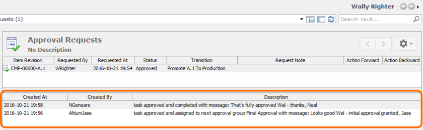 An example of the approval stream for a particular Item Revision, as seen by the requester. In this case, the transition had to pass through two stages of approval (obtaining

approval from a member of two different approval groups).