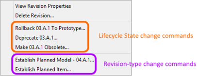 Right-click on a cell in the Item view to change the revision, or lifecycle state.