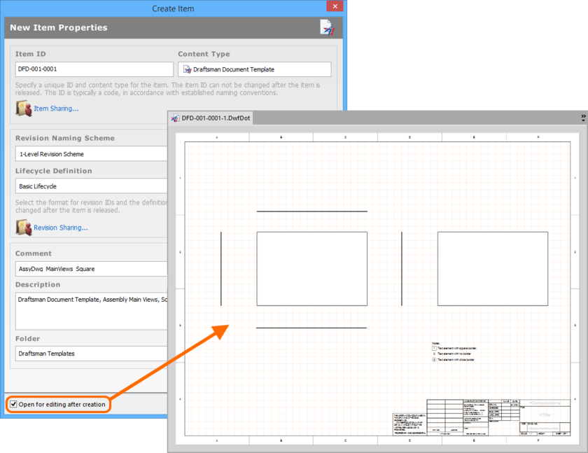 Example of editing the initial revision of a Draftsman Document Template Item, directly from the vault - the temporary PcbDrawing Editor provides the document with which to

define your document template.