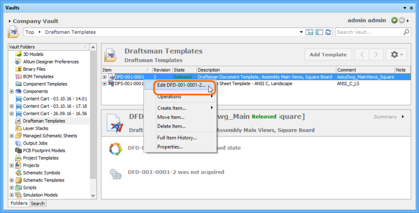 Accessing the command to launch direct editing of an existing revision of a Draftsman Document Template Item.