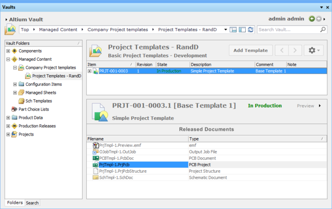 Altium Designer's Vaults panel can be used to manage and modify released Project Templates.