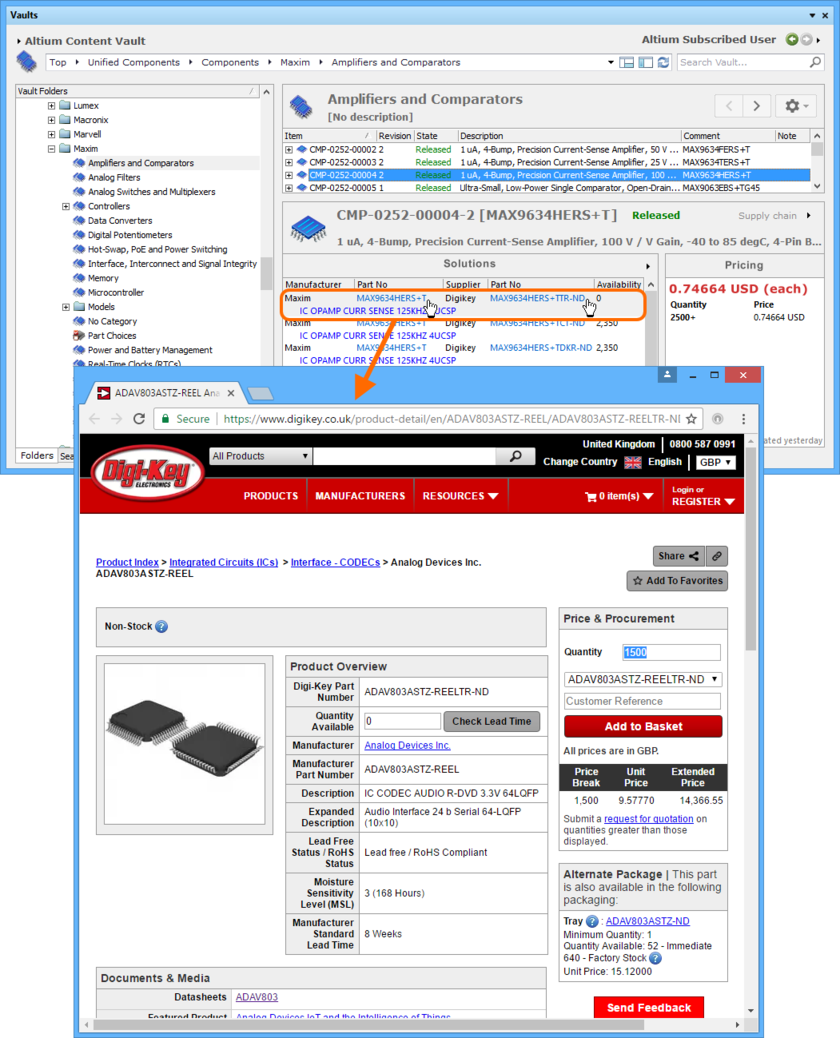 Click to access a URL associated with a supply chain solution for a Component Item in the Vault.