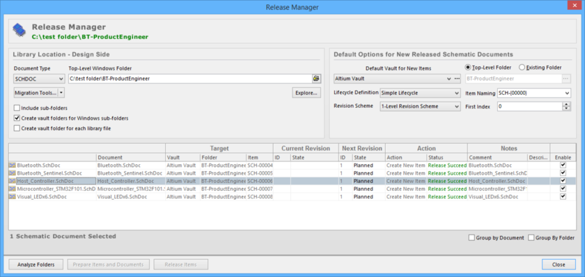 Release schematic sheets, stored in one or more source documents, using the Release Manager.