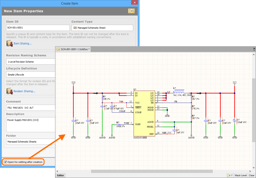 Example of editing the initial revision of a Managed Schematic Sheet Item, directly from the vault - the temporary Schematic Editor provides the document with which to define

your schematic sheet.