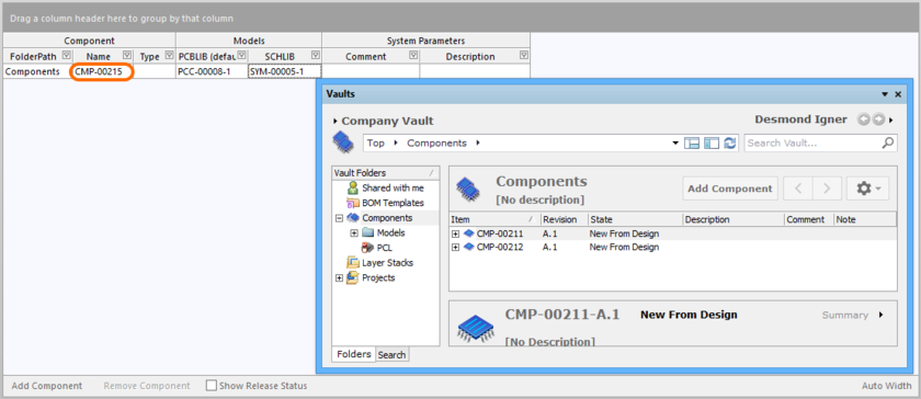 User Desmond Igner, creating a new Vault component, with automatically assigned ID CMP-00215.