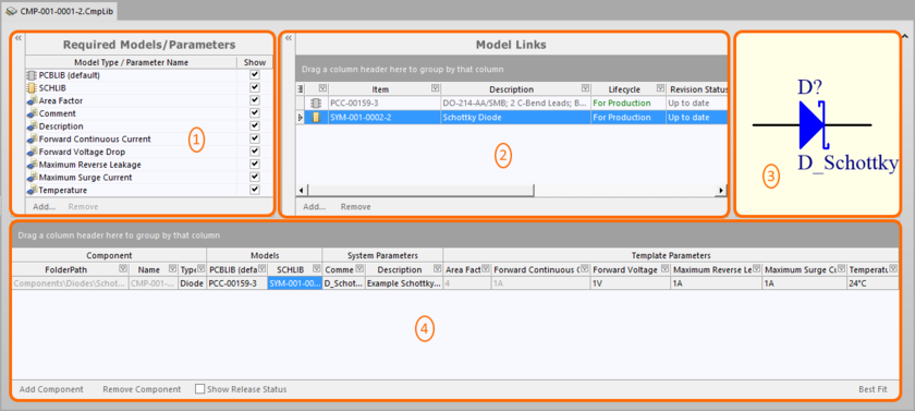 The CmpLib Editor can be divided into four key regions.