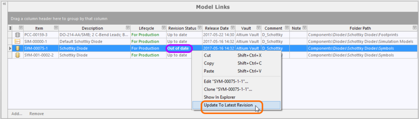 The CmpLib Editor details any model that is not at the latest revision, right-click to update them.