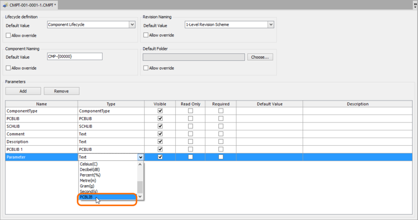 Turn a newly added parameter into a footprint model definition by setting its Type to PCBLIB.