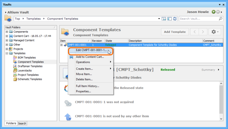 Accessing the command to launch direct editing of an existing revision of a Component Template Item.