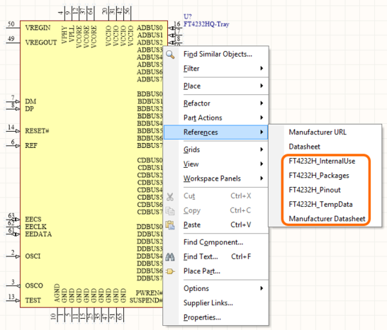 Accessing vault-based datasheets from the placed component on the schematic sheet.