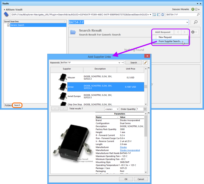 Access the Add Supplier Links dialog, and search for the part you'd like to use as the basis for your new part request.