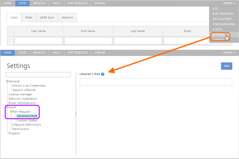 The Librarians Role page of the ADMIN - SETTINGS area provides the interface for specifying which existing role(s) should be used as Librarians for the Part Request feature.