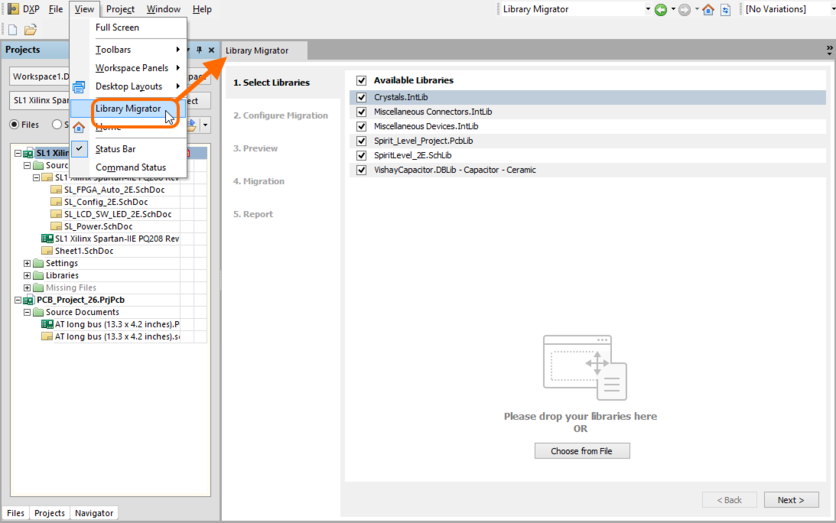 Accessing the Library Migrator view - the user interface to the component migration process.