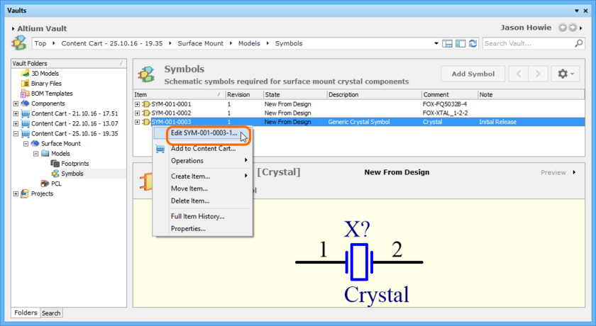 Accessing the command to launch direct editing of an existing revision of a Symbol Item.