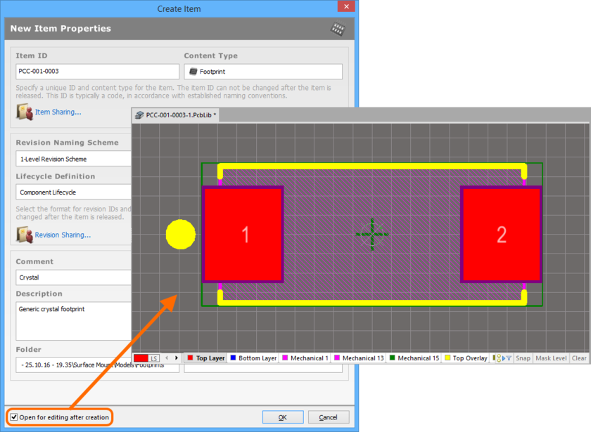 Example of editing the initial revision of a Footprint Item, directly from the vault - the temporary PCB Library Editor provides the document with which to define your PCB 2D/3D

component model.