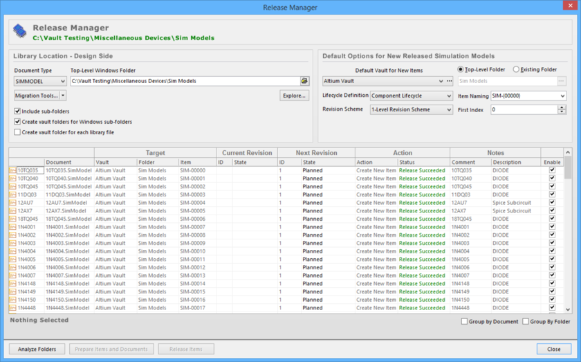 Release simulation model definitions, stored in one or more source documents, using the Release Manager.