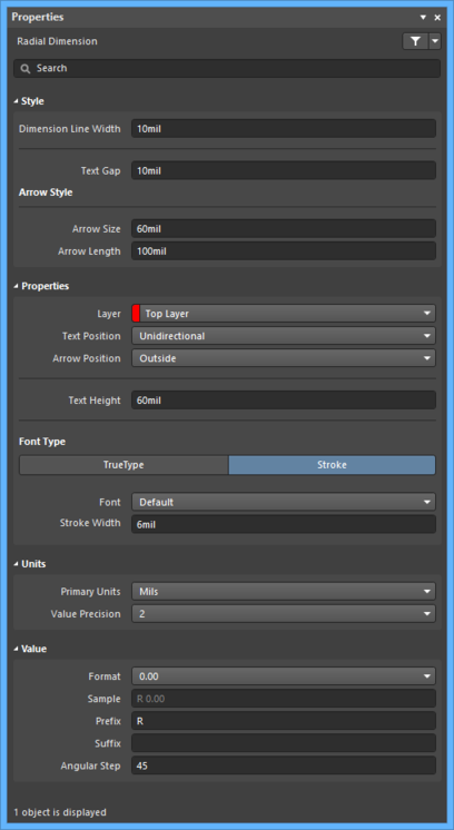 The Radial Dimension default settings in the Preferences dialog and the Radial Dimension mode of the Properties panel