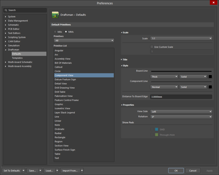 The Component View default settings in the Preferences dialog and the Component View mode of the Properties panel