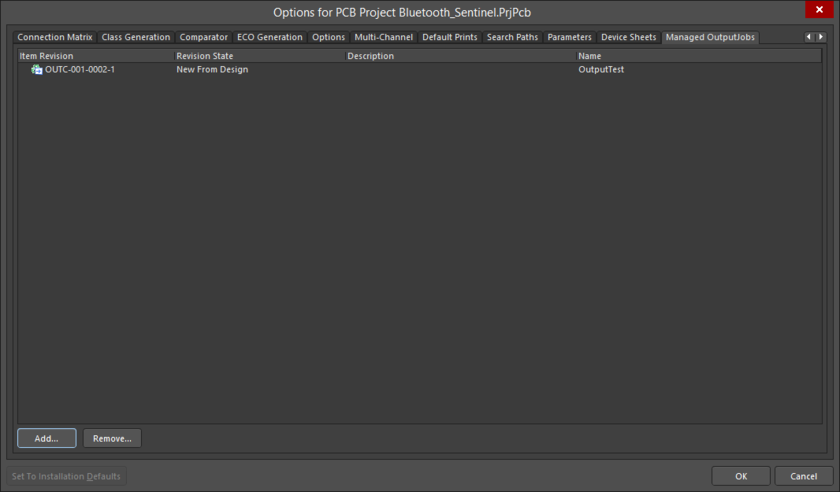 The Managed Outputjobs tab of the Project Options dialog