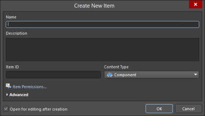 The basic and Advanced versions of the Create New Item variation of the Item Properties dialog