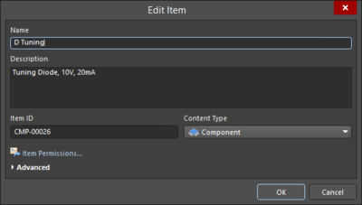 The basic and Advanced versions of the Edit Item variation of the Item Properties dialog