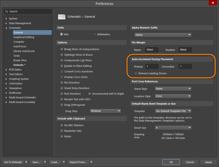 Use the Schematic - General page of the Preferences dialog to define auto-increment behavior.
