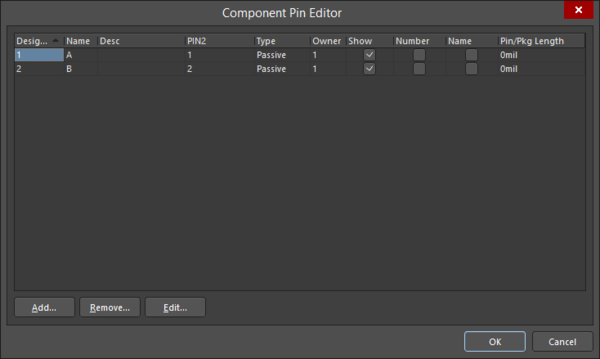 Use the Component Pin Editor dialog to add (or edit) pins.