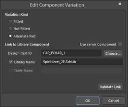 The Edit Component Variation dialog with Fitted selected, Alternate Part selected with Use server Component checked, and Alternate Part selected with Use server Component unchecked