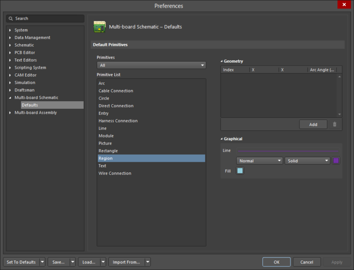 The Region object default settings in the Preferences dialog, and the Region mode of the Properties panel