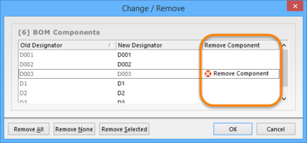 Components can be removed through the same dialog used to edit designators.