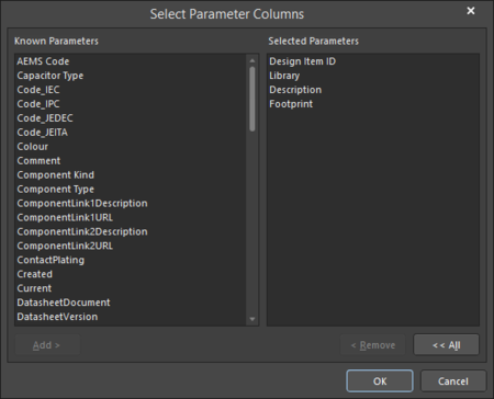 Use the Select Parameter Columns dialog to add or remove parameters from the Libraries panel. 