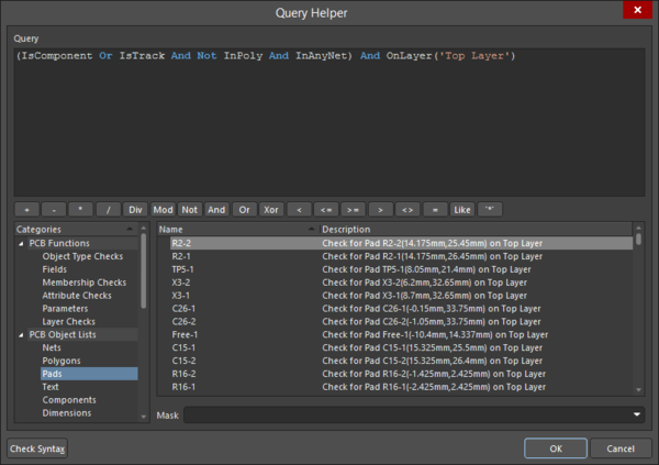 The Query Helper dialog offers a number of tools to help write search expressions.
