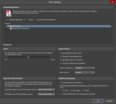 The Advanced and Basic variations of the PDF Settings dialog